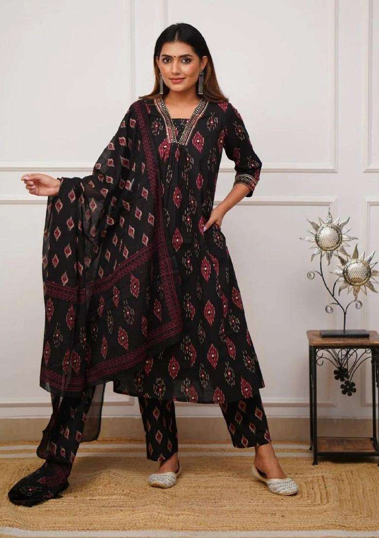 Black Printed Viscose Kurta Set - Indya