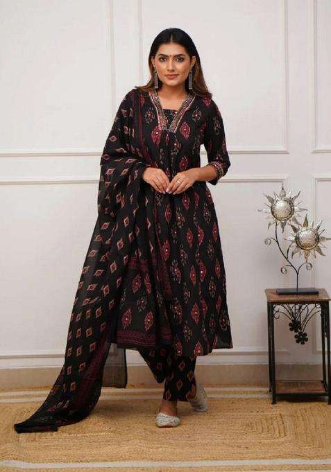 Black Printed Viscose Kurta Set