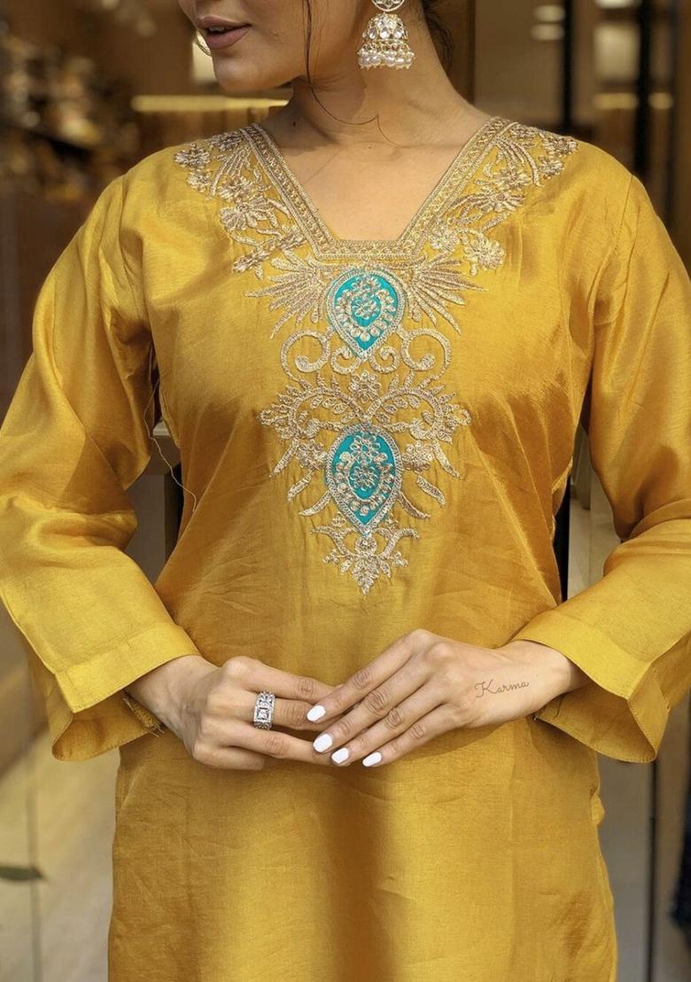 Mustard Yoke Design Silk Kurta Set - Indya