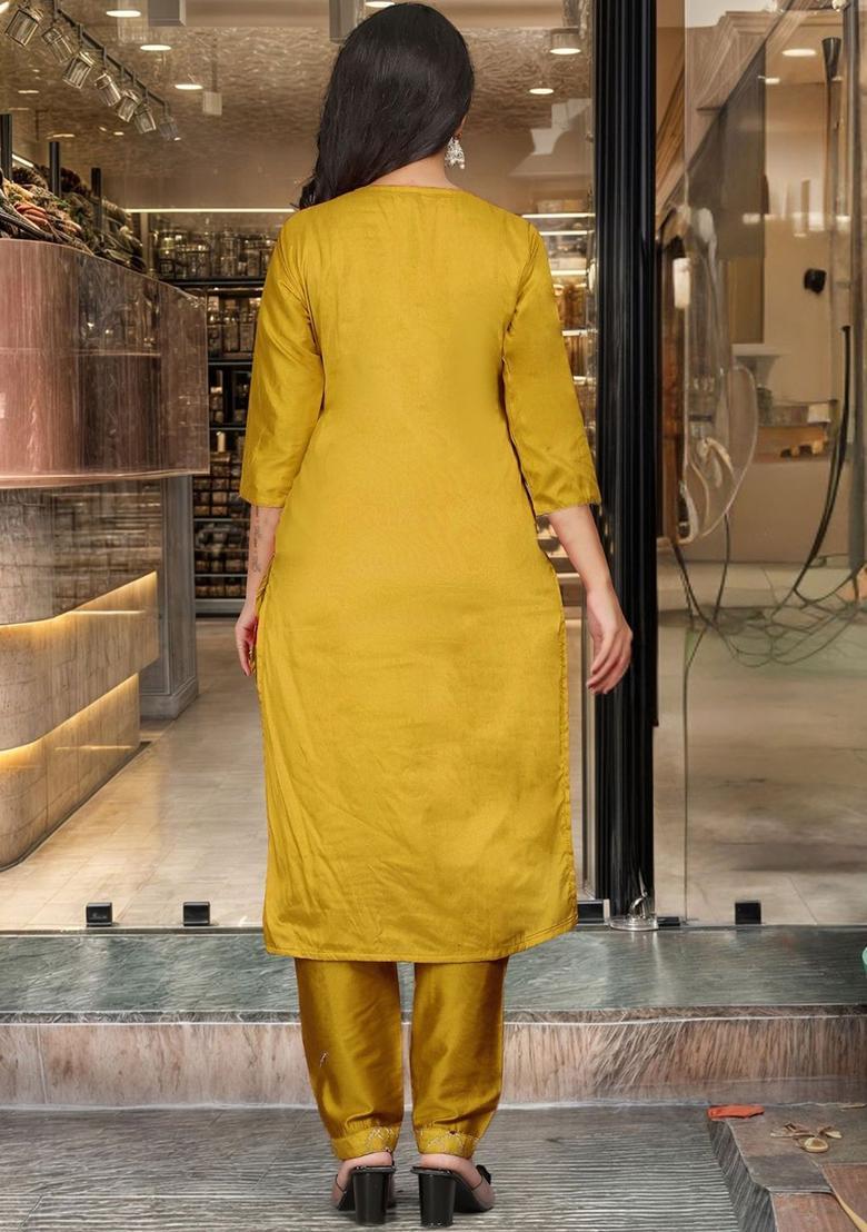 Mustard Yoke Design Silk Kurta Set - Indya