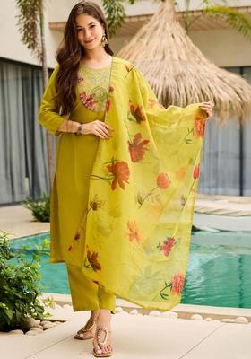 Lime Green Embroidered Viscose Kurta Set