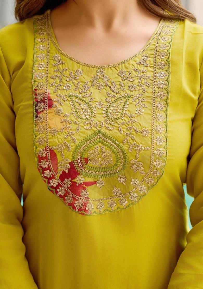 Lime Green Embroidered Viscose Kurta Set - Indya