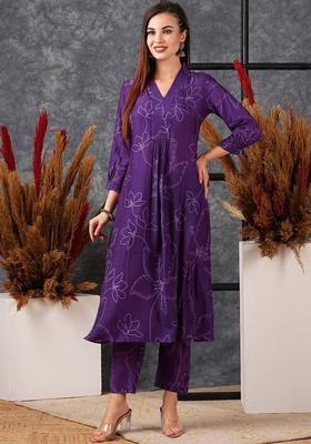 Purple Printed Cotton Kurta Set