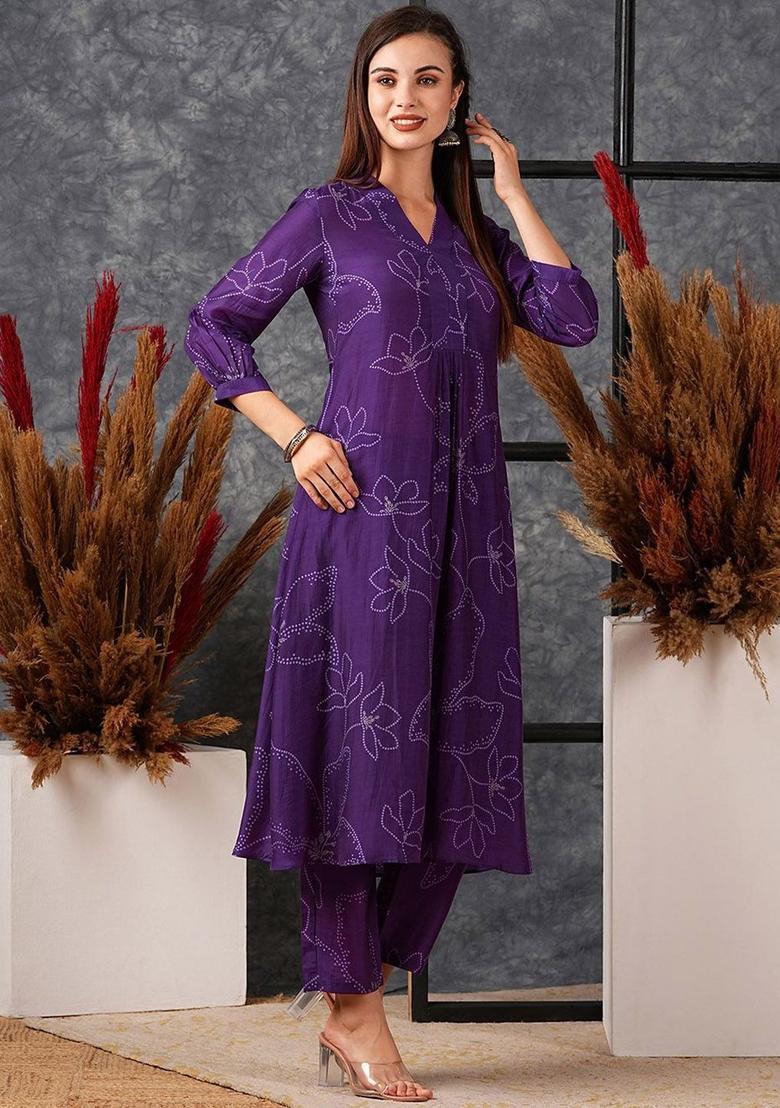 Purple Printed Cotton Kurta Set - Indya