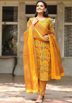 Mustard Printed Cotton Kurta Set
