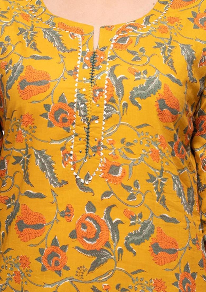 Mustard Printed Cotton Kurta Set - Indya