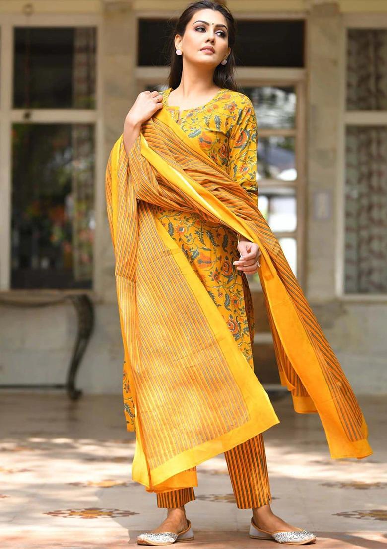 Mustard Printed Cotton Kurta Set - Indya