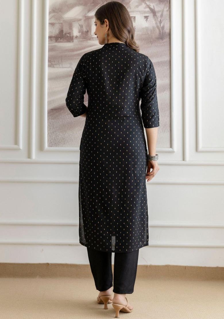 Black Embroidered Viscose Kurta Set - Indya