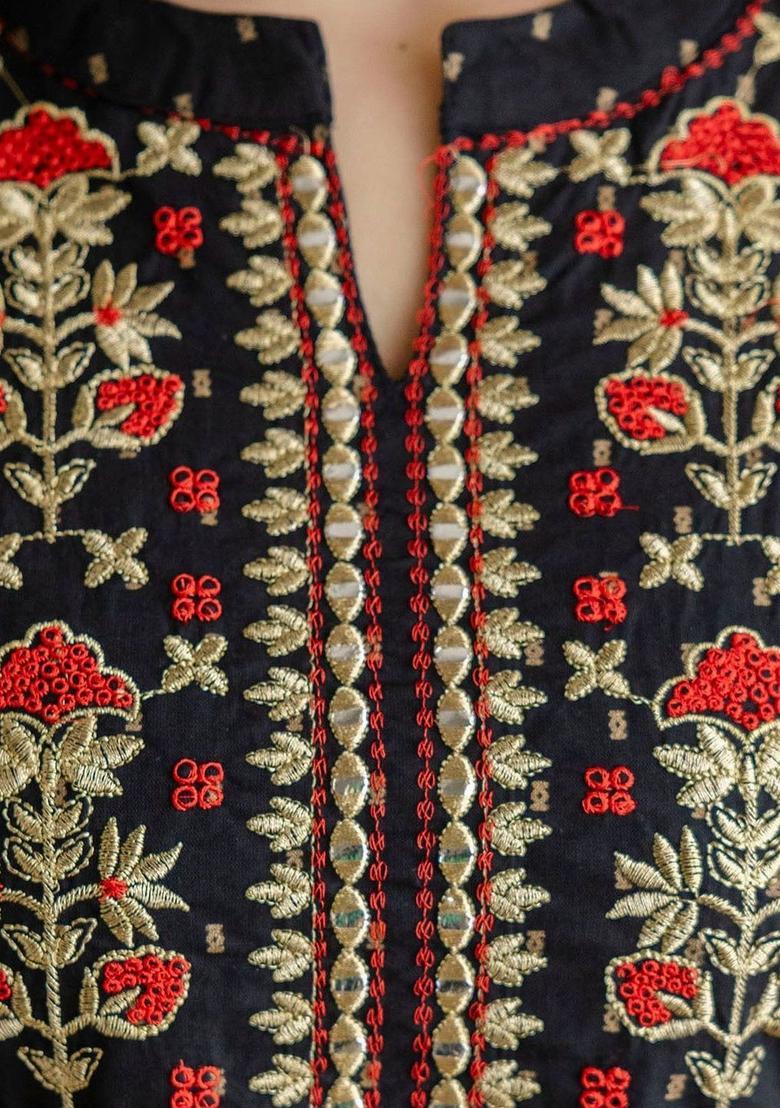 Black Embroidered Viscose Kurta Set - Indya