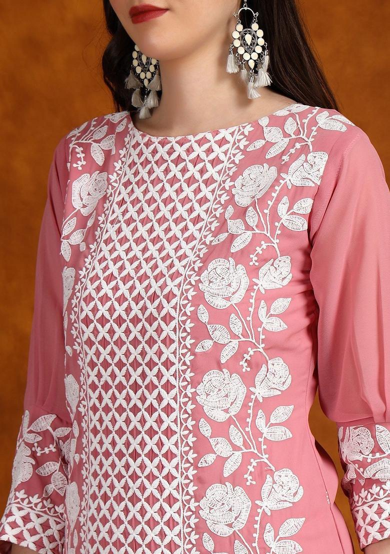 Pink Embroidered Georgette Kurta Set - Indya