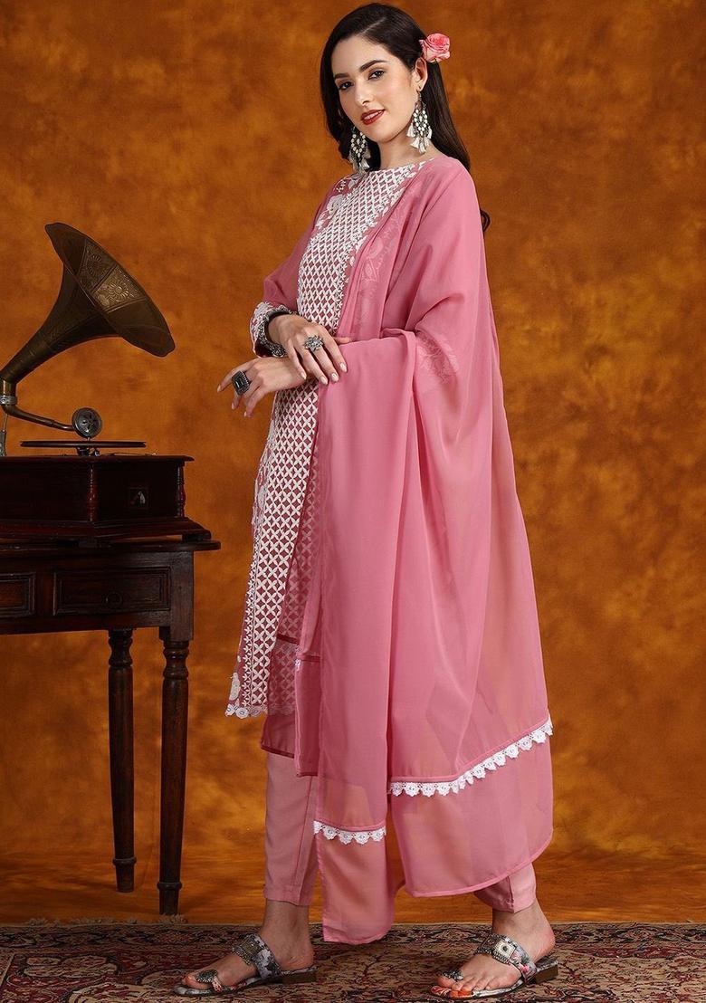 Pink Embroidered Georgette Kurta Set - Indya