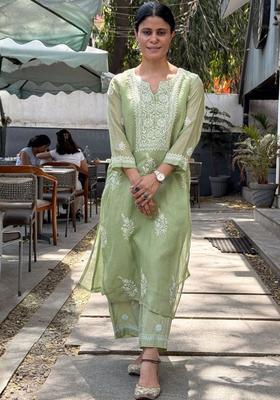 Lime Green Embroidered Silk Kurta Set