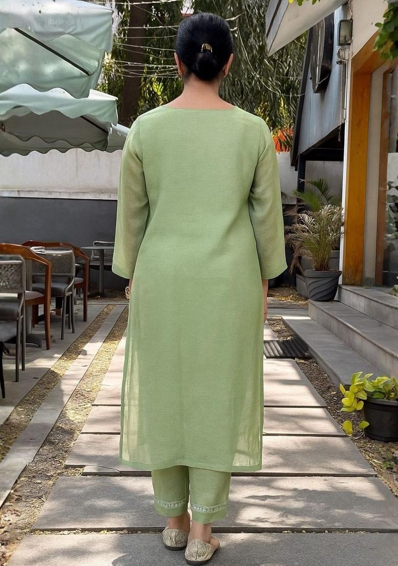 Lime Green Embroidered Silk Kurta Set - Indya