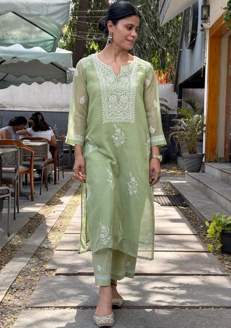 Lime Green Embroidered Silk Kurta Set - Indya