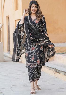 Black Printed Cotton Kurta Set
