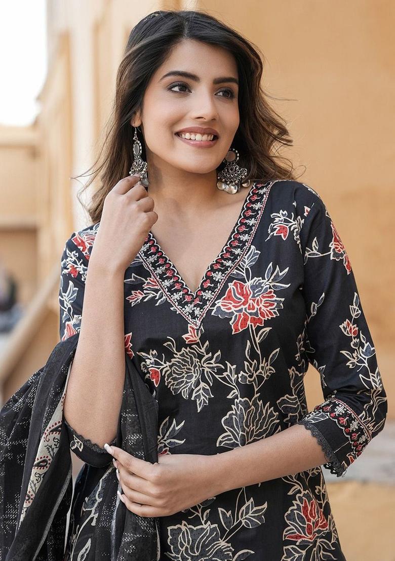 Black Printed Cotton Kurta Set - Indya