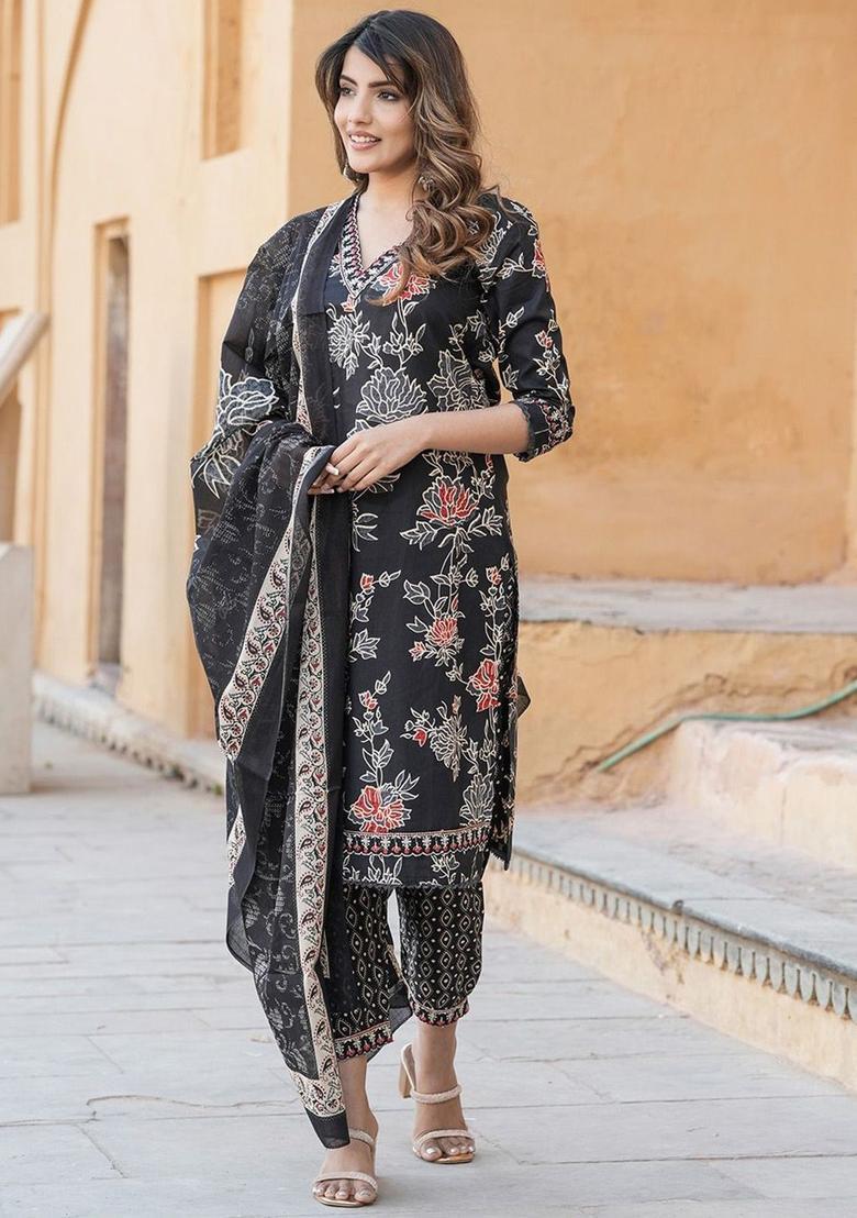 Black Printed Cotton Kurta Set - Indya