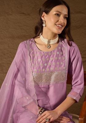 Lavender Yoke Design Silk Kurta Set
