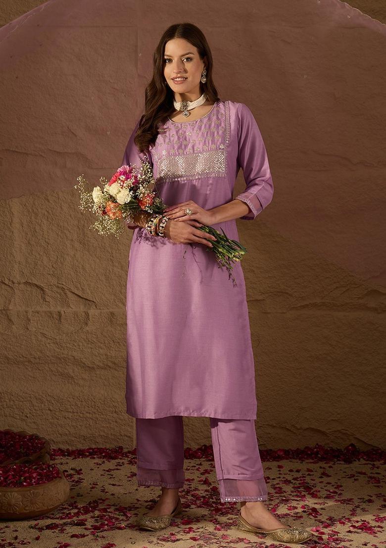 Lavender Yoke Design Silk Kurta Set - Indya