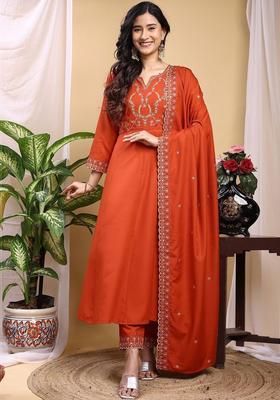 Rust Embroidered Silk Kurta Set