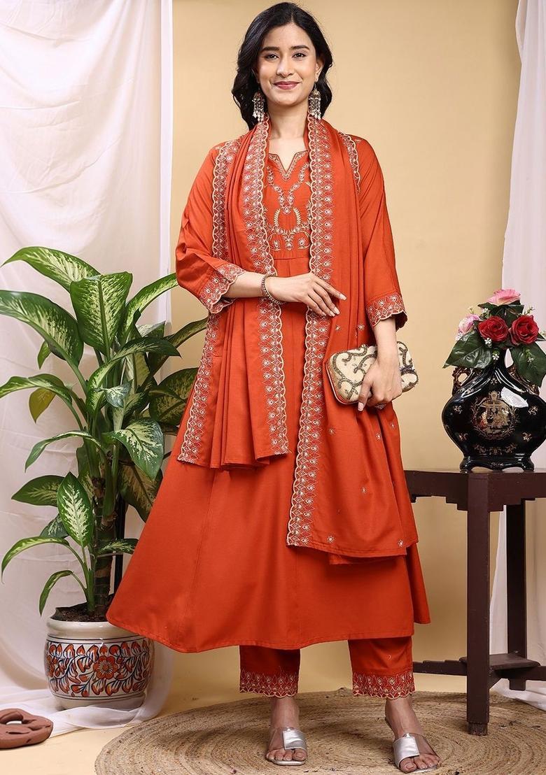 Rust Embroidered Silk Kurta Set - Indya