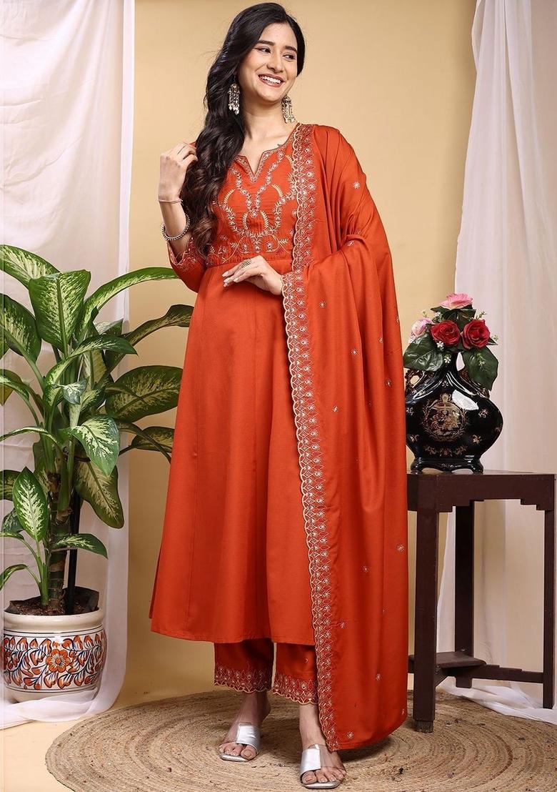 Rust Embroidered Silk Kurta Set - Indya