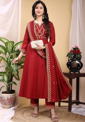 Maroon Embroidered Silk Kurta Set
