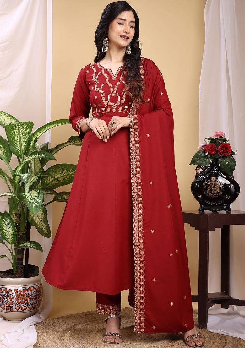 Maroon Embroidered Silk Kurta Set - Indya