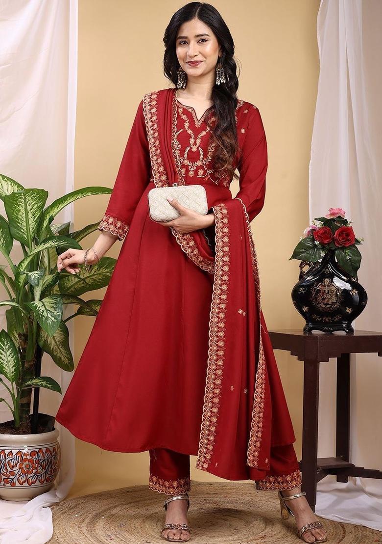 Maroon Embroidered Silk Kurta Set - Indya