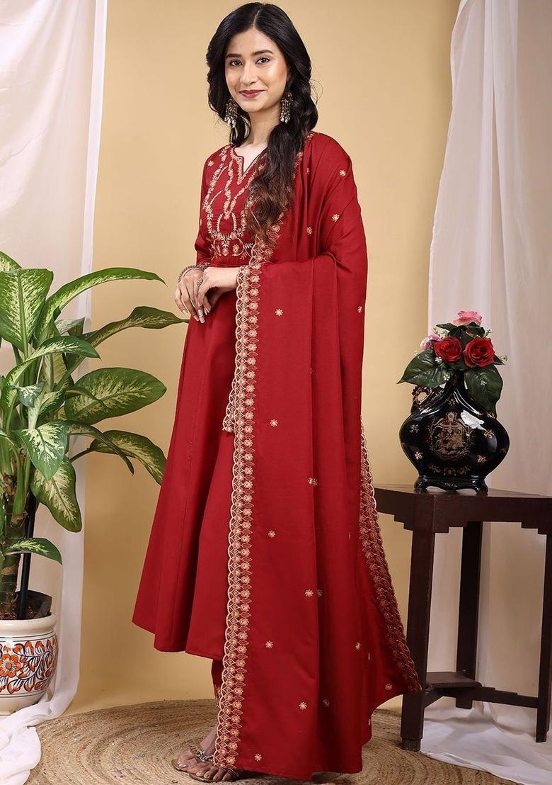 Maroon Embroidered Silk Kurta Set - Indya