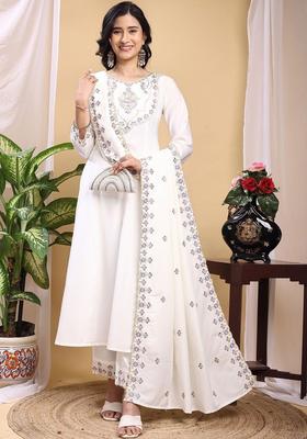 Off White Embroidered Silk Kurta Set