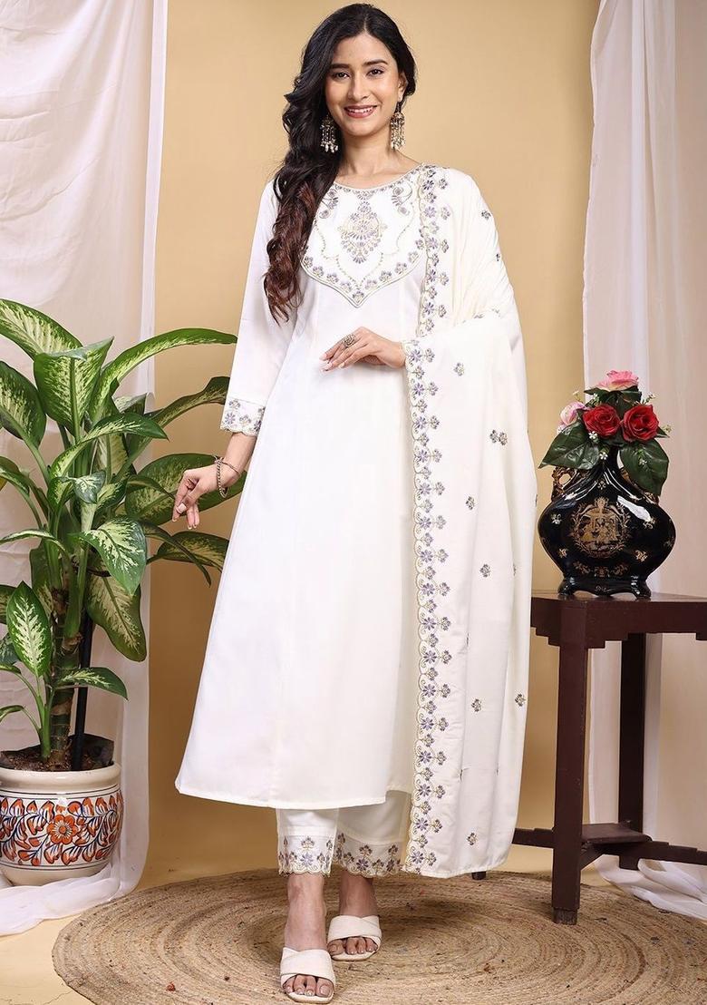 Off White Embroidered Silk Kurta Set - Indya