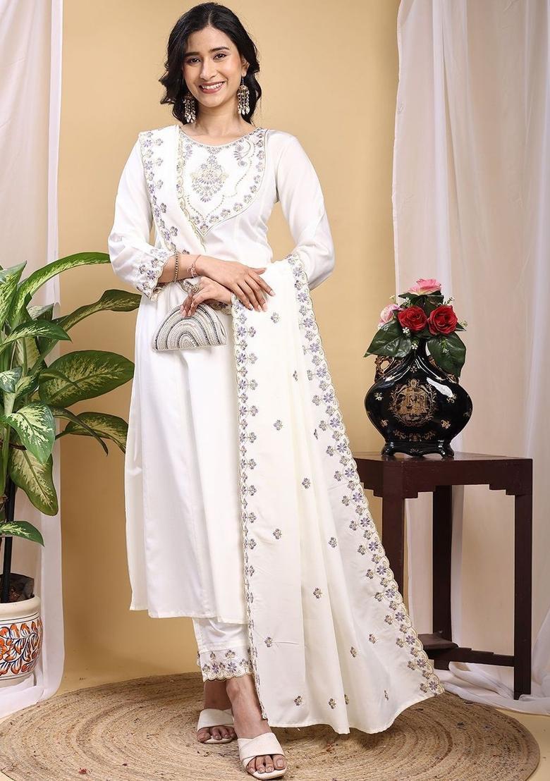 Off White Embroidered Silk Kurta Set - Indya