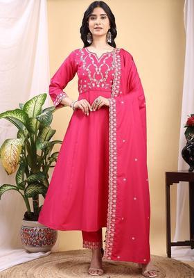 Pink Embroidered Silk Kurta Set