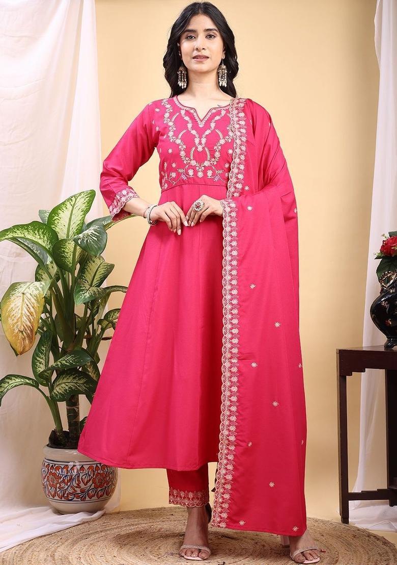 Pink Embroidered Silk Kurta Set - Indya