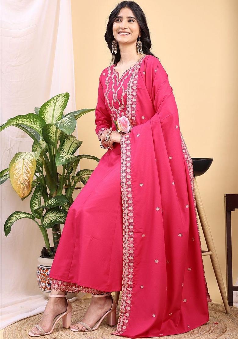 Pink Embroidered Silk Kurta Set - Indya