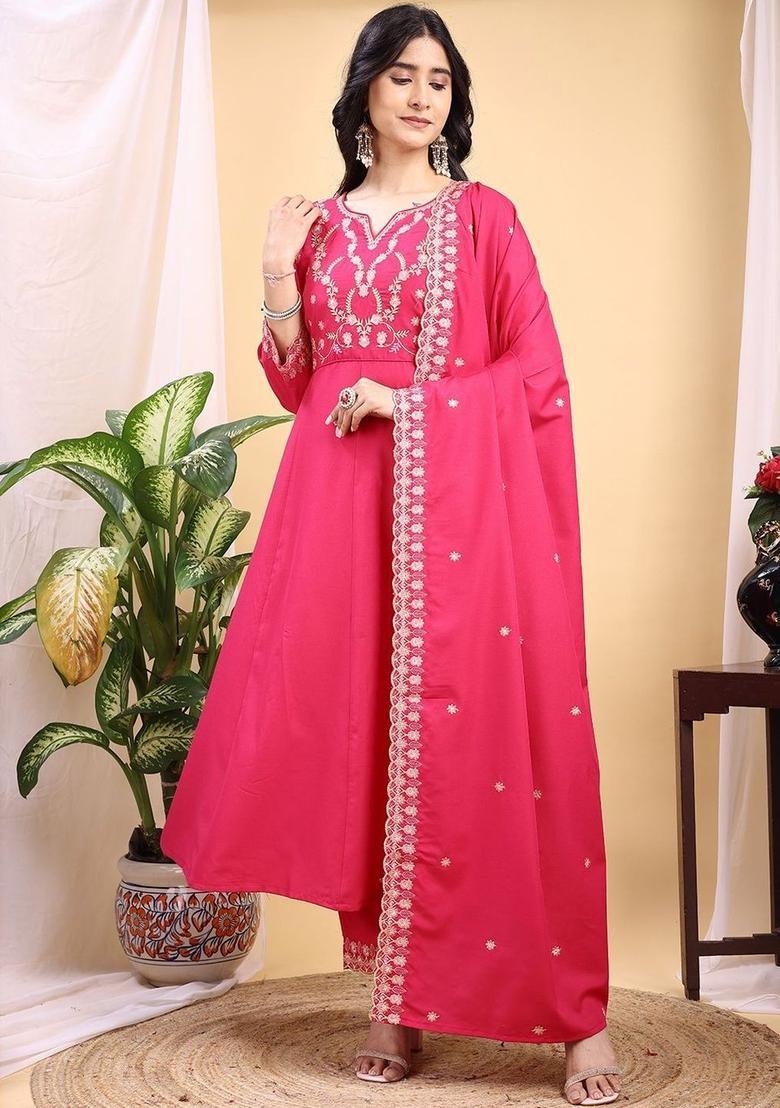Pink Embroidered Silk Kurta Set - Indya