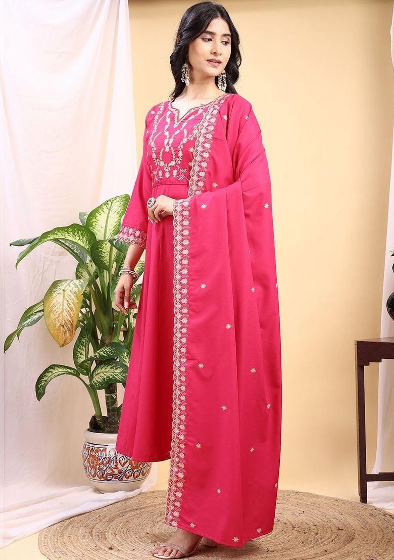 Pink Embroidered Silk Kurta Set - Indya