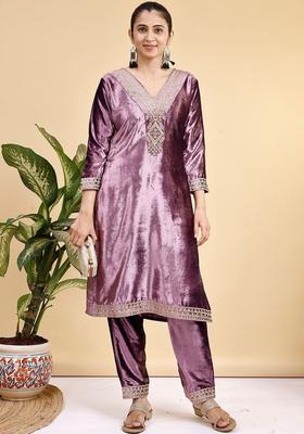 Purple Embroidered Velvet Kurta Set