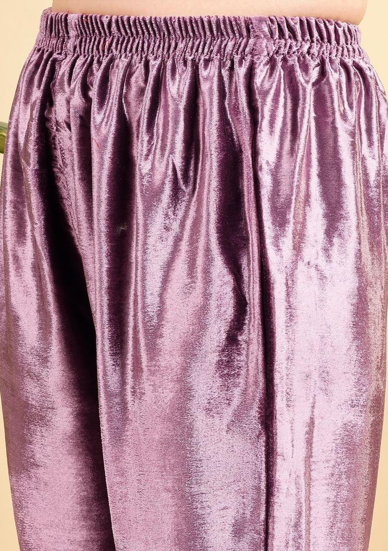Purple Embroidered Velvet Kurta Set - Indya