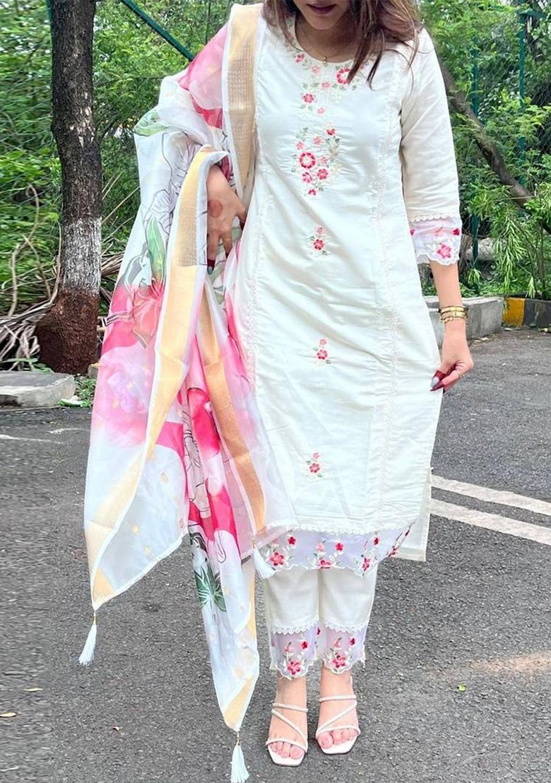 White Embroidered Cotton Kurta Set - Indya