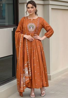 Rust Printed Viscose Kurta Set