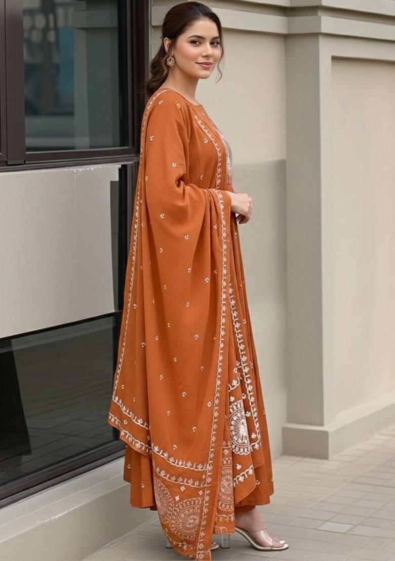 Rust Printed Viscose Kurta Set - Indya