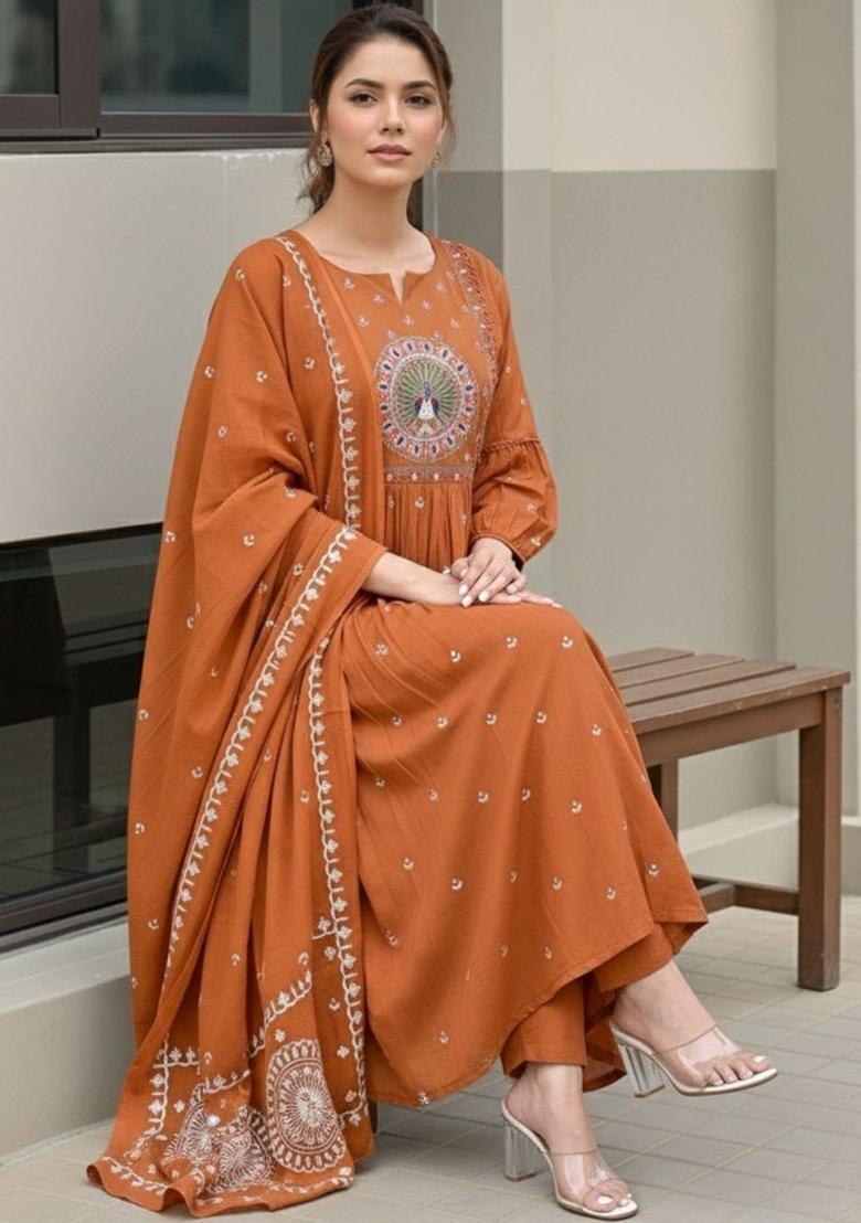 Rust Printed Viscose Kurta Set - Indya