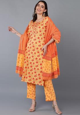 Orange Printed Cotton Kurta Set