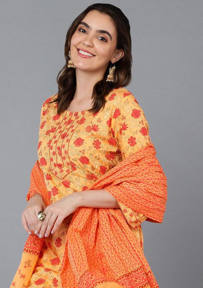 Orange Printed Cotton Kurta Set - Indya