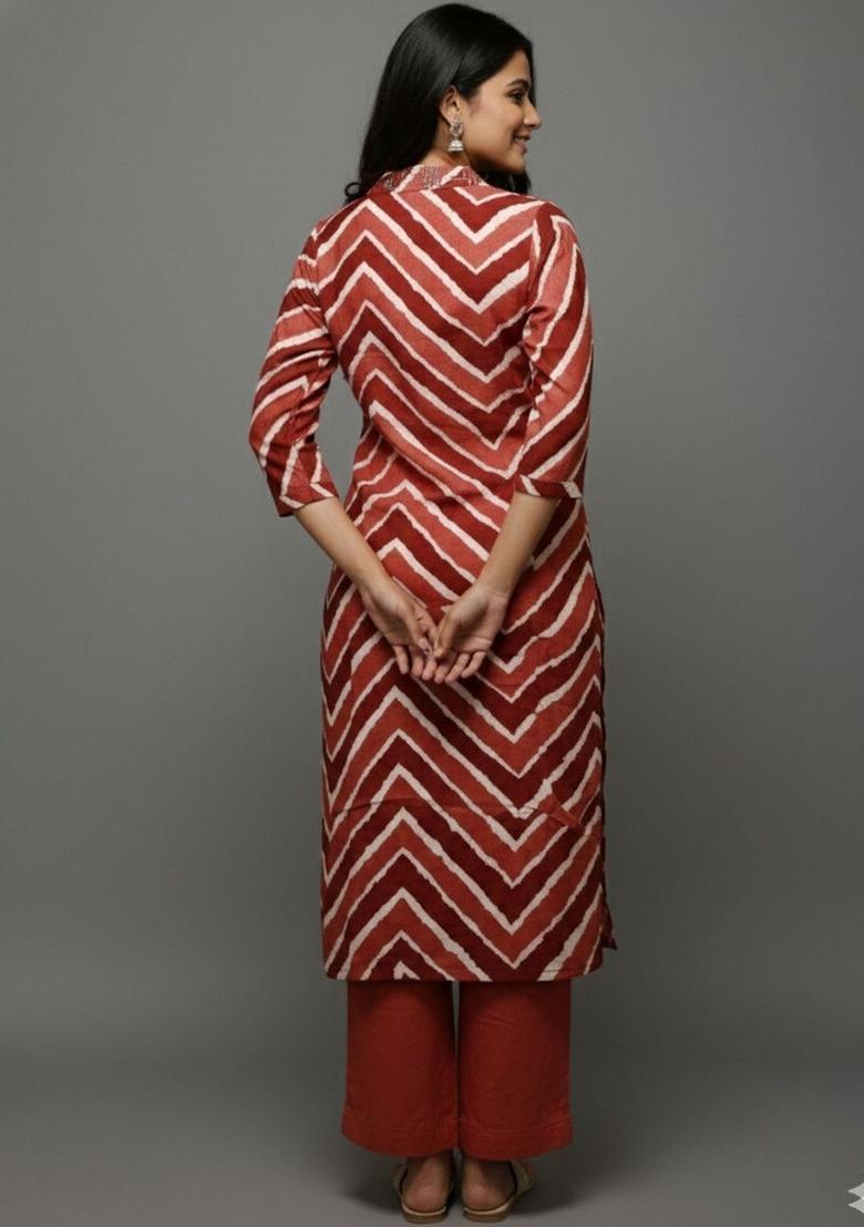 Rust Printed Silk Kurta Set - Indya