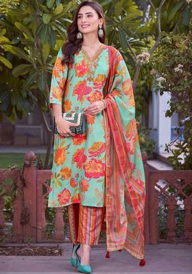 Turquoise Blue Printed Cotton Kurta Set