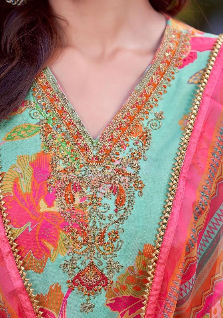 Turquoise Blue Printed Cotton Kurta Set - Indya