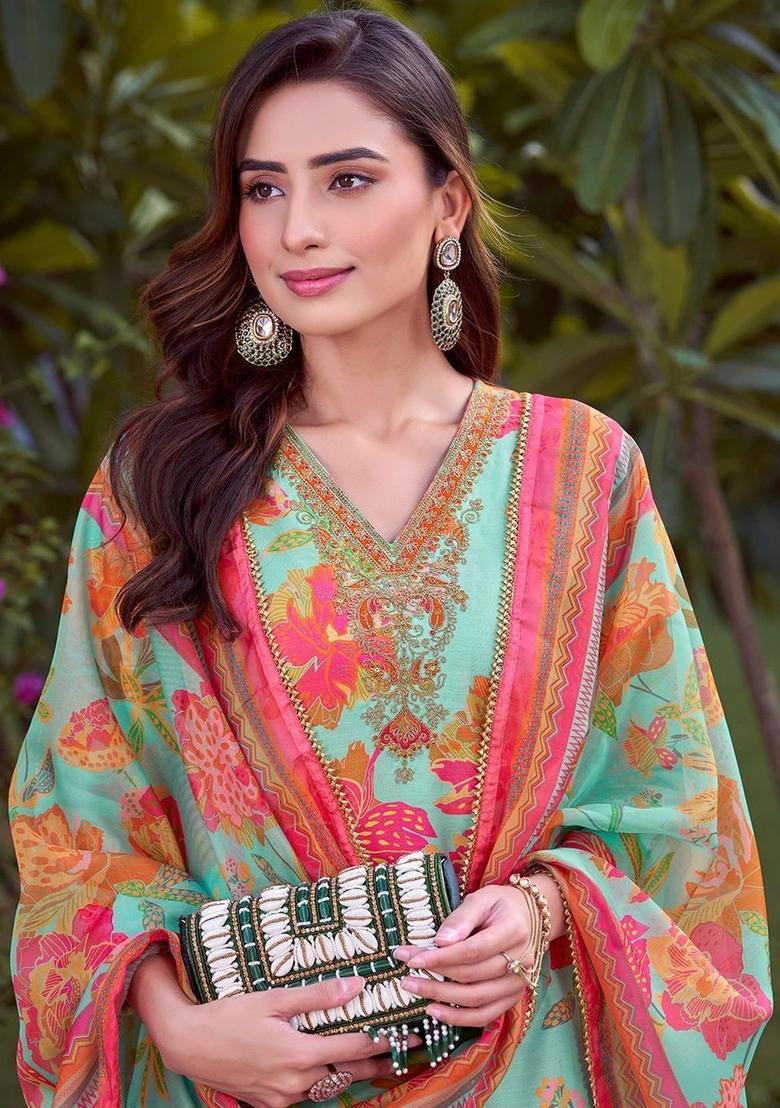 Turquoise Blue Printed Cotton Kurta Set - Indya